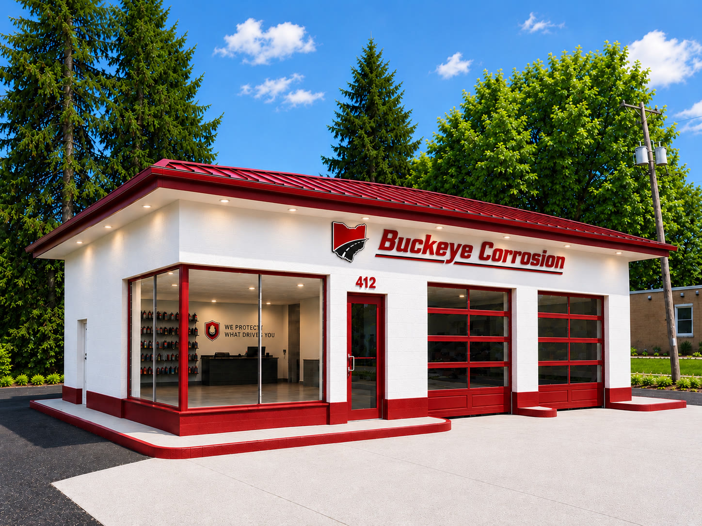 Buckeye Corrosion shop exterior — white building with red trim