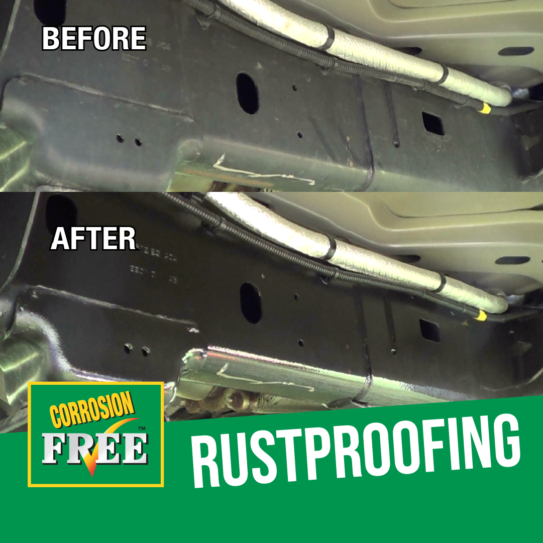 Corrosion Free rustproofing before and after: dull undercarriage frame rail versus glossy clear-coated frame